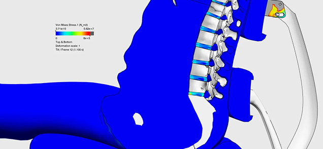 Digital human biomechanics simulation showing disc pressure across postures