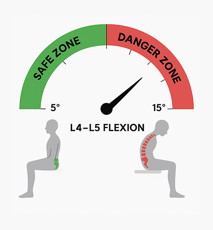 Lumbar flexion gauge showing safe zone (5°) and danger zone (15°)